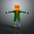 Cartoon Character With Orange Square Head Green Coat Blue Ripped Jeans Red Boots Black Gloves