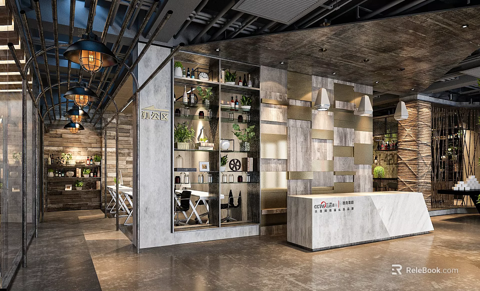 Modern Reception Desk Interior With Decorative Shelves Green Plants And Lighting Fixtures 3d model 