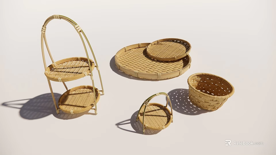 Bamboo Household Items Including Baskets Trays And Multi Tiered Shelves 3d model 