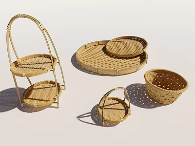 Bamboo Household Items Including Baskets Trays And Multi Tiered Shelves 3d model