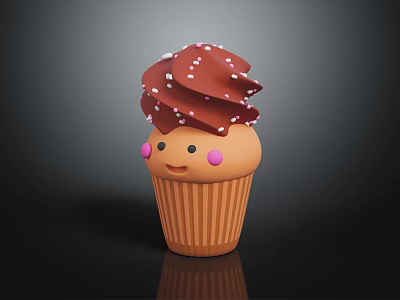 Cute Cupcake With Chocolate Frosting White Sprinkles Smiling Face And Pink Cheeks 3d model