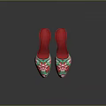 Women's Sequined Slippers with Red Heels Turquoise Upper and Pink Floral Pattern