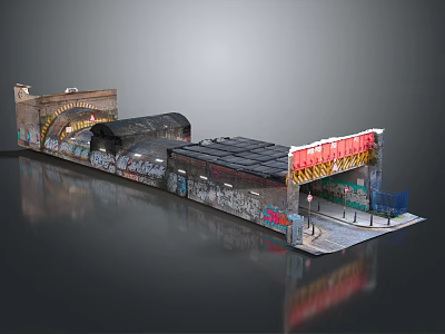 Urban Street Scene Construction With Graffiti Walls Archway Rooftop And Signage 3d model