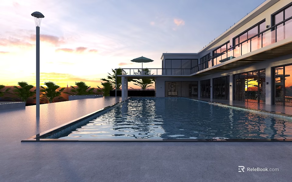 Modern Swimming Pool Facility With Outdoor Pool And Sunset Sky Design Elements 3d model