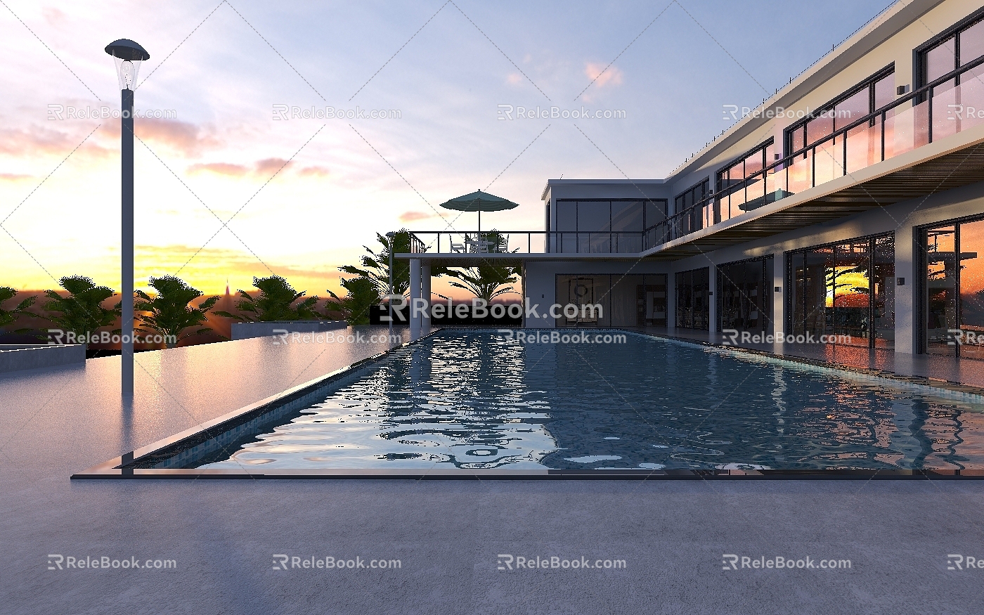 Exterior of modern pool villa with night view 3d model