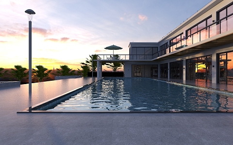 Exterior of modern pool villa with night view 3d model