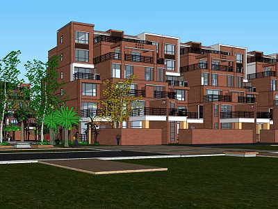 Modern Red Brick Residential Building With Balconies Green Trees And Lawn 3d model