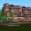 Modern Red Brick Residential Building With Balconies Green Trees And Lawn