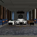 Modern Luxury Hotel Public Lounge With Dark Tones Chandelier Sofas Carpet And Decorative Art