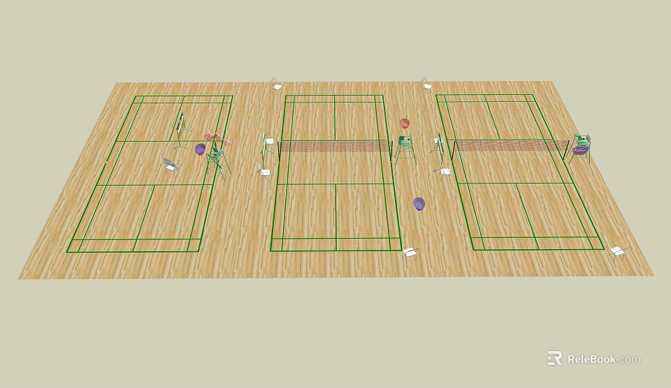 Three Side by Side Badminton Courts with Wooden Flooring Green Lines Net and Rackets Setup 3d model 