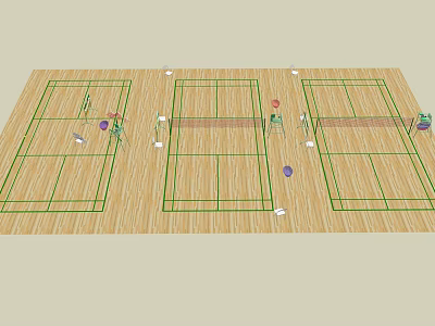 Three Side by Side Badminton Courts with Wooden Flooring Green Lines Net and Rackets Setup 3d model