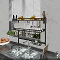 Practical Kitchenware Rack Holding Plates Knives Fruits and Green Plants on Marble Countertop Sink