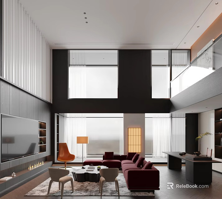 Modern Duplex Living Room Interior With High Ceiling Large Windows And Red Sofas 3d model