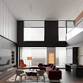 Modern Duplex Living Room Interior With High Ceiling Large Windows And Red Sofas 3d model