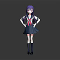 Anime Fictional Character With Purple Hair Red Eyes Blue Sailor Uniform And Pink Bow