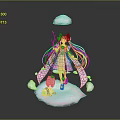 Game Anime Character Long Hair Blue Pink Outfit Holding Staff Small Animal On Cloud Platform