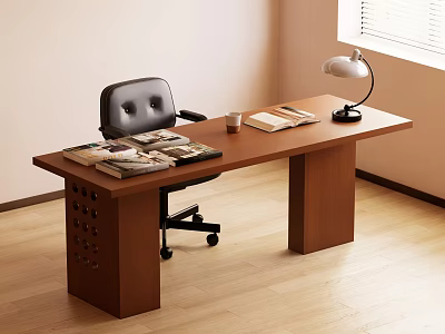 Brown Wooden Desk With Black Office Chair Table Lamp Books Coffee Cup And White Walls 3d model