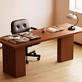 Brown Wooden Desk With Black Office Chair Table Lamp Books Coffee Cup And White Walls