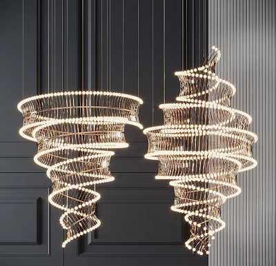 Modern Spiral Chandeliers With Metal Frame And Illuminated Bulbs In Dark Wall Setting 3d model