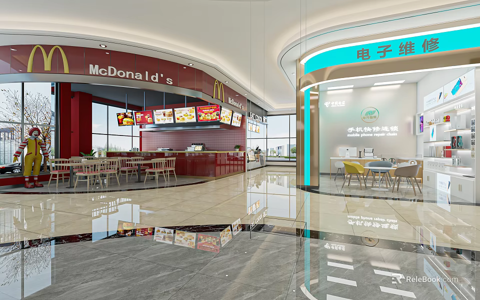 Modern McDonald's Restaurant Interior With Electronic Repair Area And Seating 3d model 