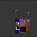 Cartoon Room Scene with Blue Walls Skylight Posters String Lights and Planets