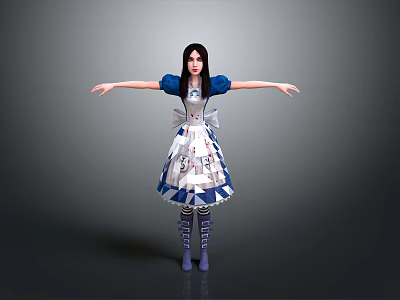 Fictional Character In Blue White Dress With Bow Blue Sleeves Arms Outstretched Gray Background 3d model
