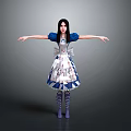 Fictional Character In Blue White Dress With Bow Blue Sleeves Arms Outstretched Gray Background