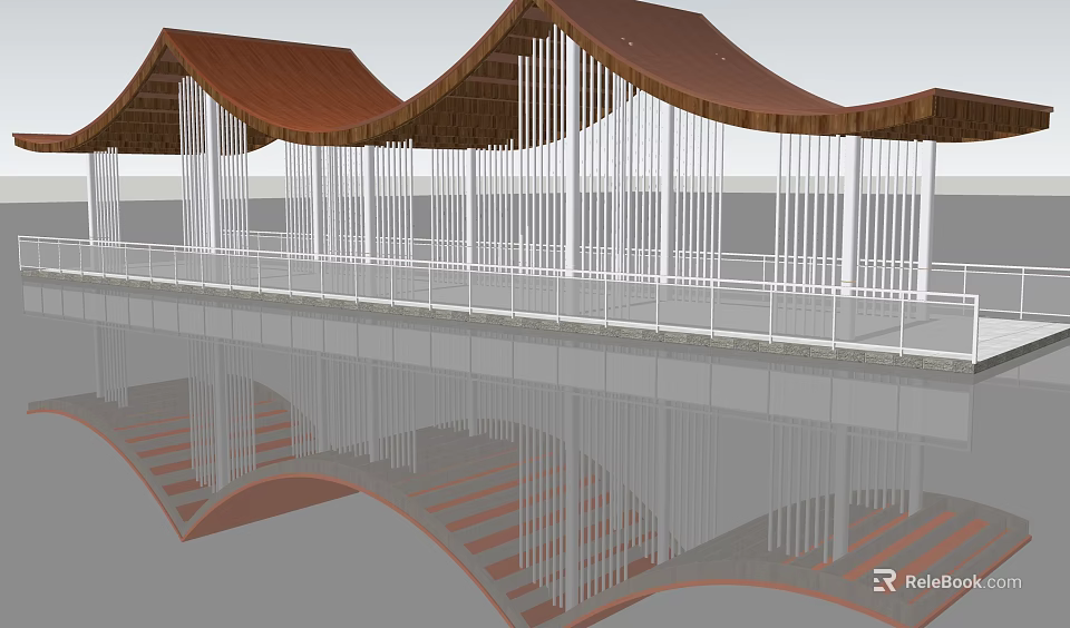 Curved Brown Roof Architectural Structure With White Columns And Water Reflection 3d model 