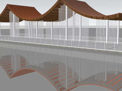 Curved Brown Roof Architectural Structure With White Columns And Water Reflection 3d model