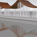Curved Brown Roof Architectural Structure With White Columns And Water Reflection