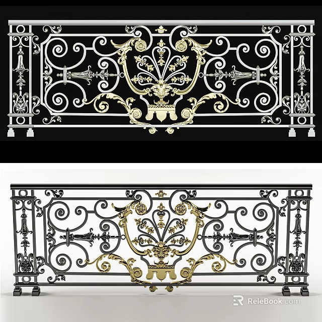 Ornate Iron Railing With Intricate Gold Black Curved Scroll Decorative Design 3d model 