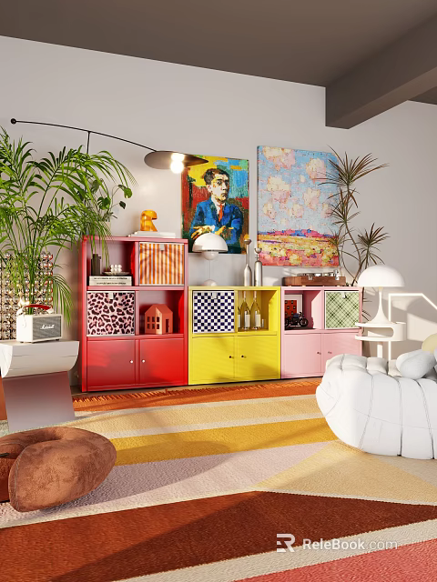 Colorful Console Sideboard Cabinet With Green Plants Artworks And Decorative Storage 3d model 