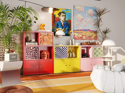 Colorful Console Sideboard Cabinet With Green Plants Artworks And Decorative Storage 3d model