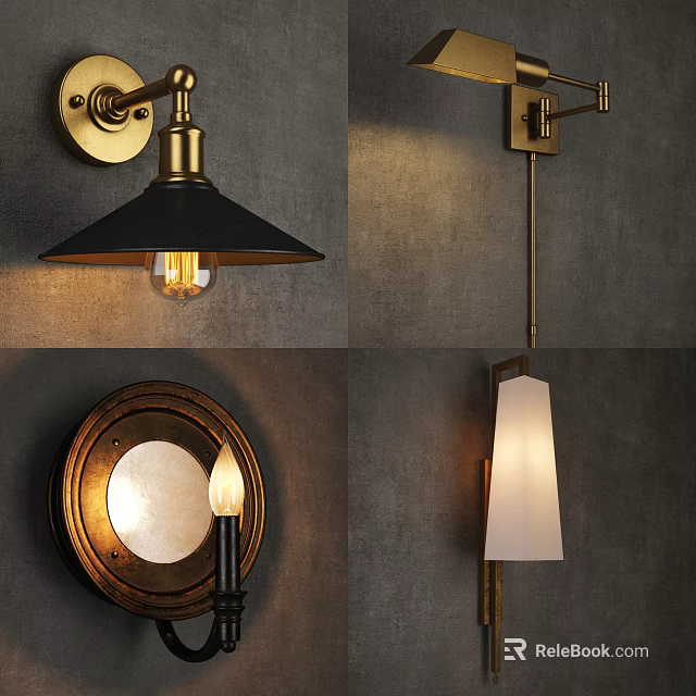 Elegant Vintage and Modern Wall Lamps with Brass Base and Unique Shade Designs 3d model 
