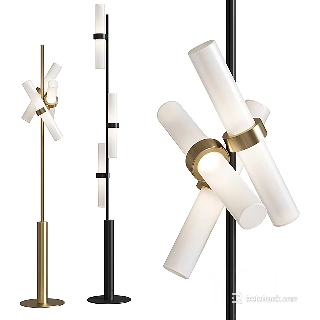 Modern Floor Lamp With Brass Cross Design Black Metal Stand And White Glass Shades 3d model 
