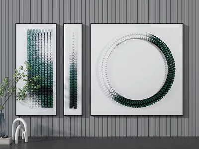 Contemporary Wall Art Decor With Gray Striped Wall Green Circular And Vertical Designs 3d model