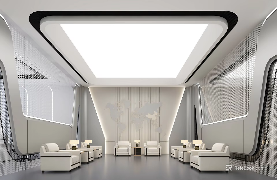 Modern Front Desk Reception Area With Luxury White Sofas Round Coffee Tables And Geometric Walls 3d model 