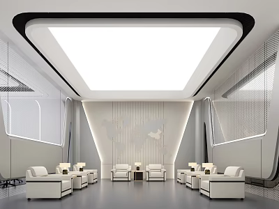 Modern Front Desk Reception Area With Luxury White Sofas Round Coffee Tables And Geometric Walls 3d model