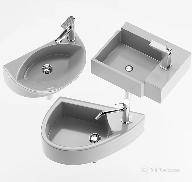 Stylish Modern Bathroom Wash Basins With Various Shapes And Chrome Faucets 3d model 