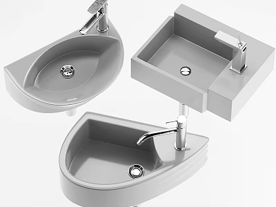 Stylish Modern Bathroom Wash Basins With Various Shapes And Chrome Faucets 3d model