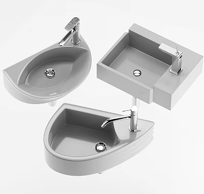 Stylish Modern Bathroom Wash Basins With Various Shapes And Chrome Faucets 3d model