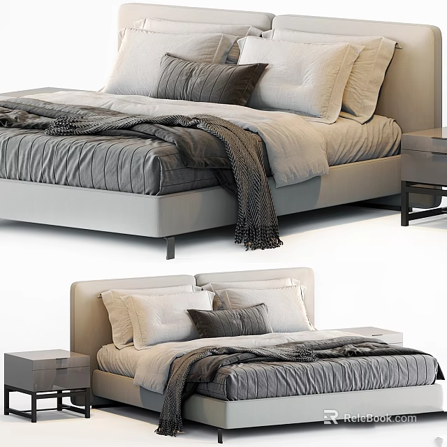 Modern Double Bed Interior With Soft Pillows Gray Blanket And Bedside Table 3d model 