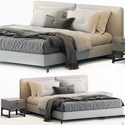 Modern Double Bed Interior With Soft Pillows Gray Blanket And Bedside Table 3d model