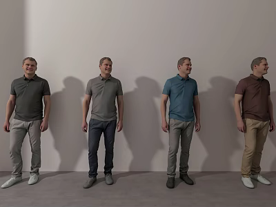 Group of Men Wearing Polo Shirts in Different Colors Standing With Shadows Against Gray Background 3d model