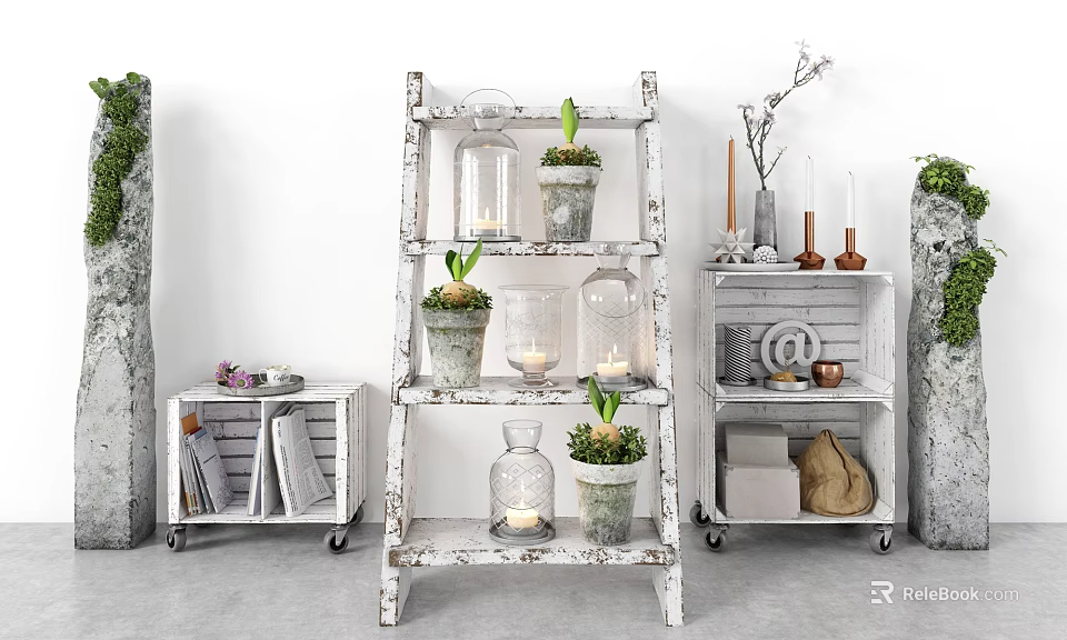 Rustic Indoor Decor With Vintage White Ladder Shelf Green Plants And Candles 3d model 
