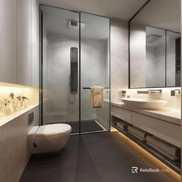 Modern Sleek Minimalist Bathroom Interior With Glass Shower Partition Floating Vanity And Soft Ambient Lighting 3d model 