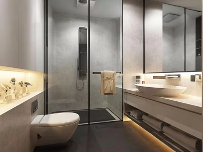 Modern Sleek Minimalist Bathroom Interior With Glass Shower Partition Floating Vanity And Soft Ambient Lighting 3d model