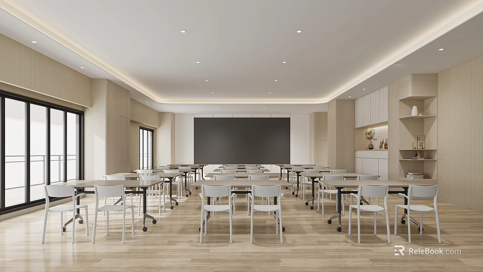 Modern Meeting Room Interior With Tables Chairs Projection Screen And Wooden Flooring 3d model 