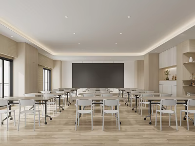 Modern Meeting Room Interior With Tables Chairs Projection Screen And Wooden Flooring 3d model