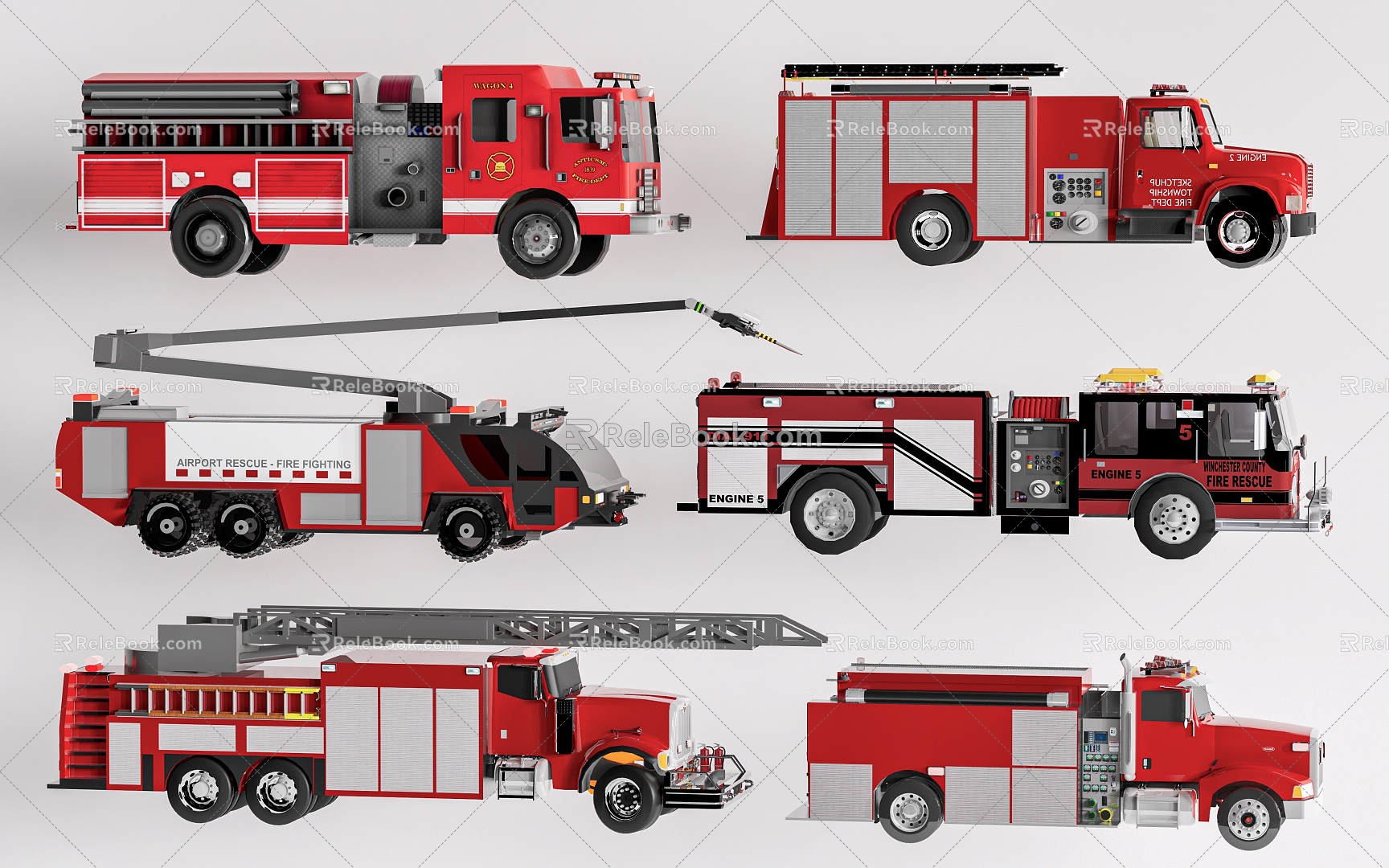 Modern fire truck rescue truck train extinguishing 3d model